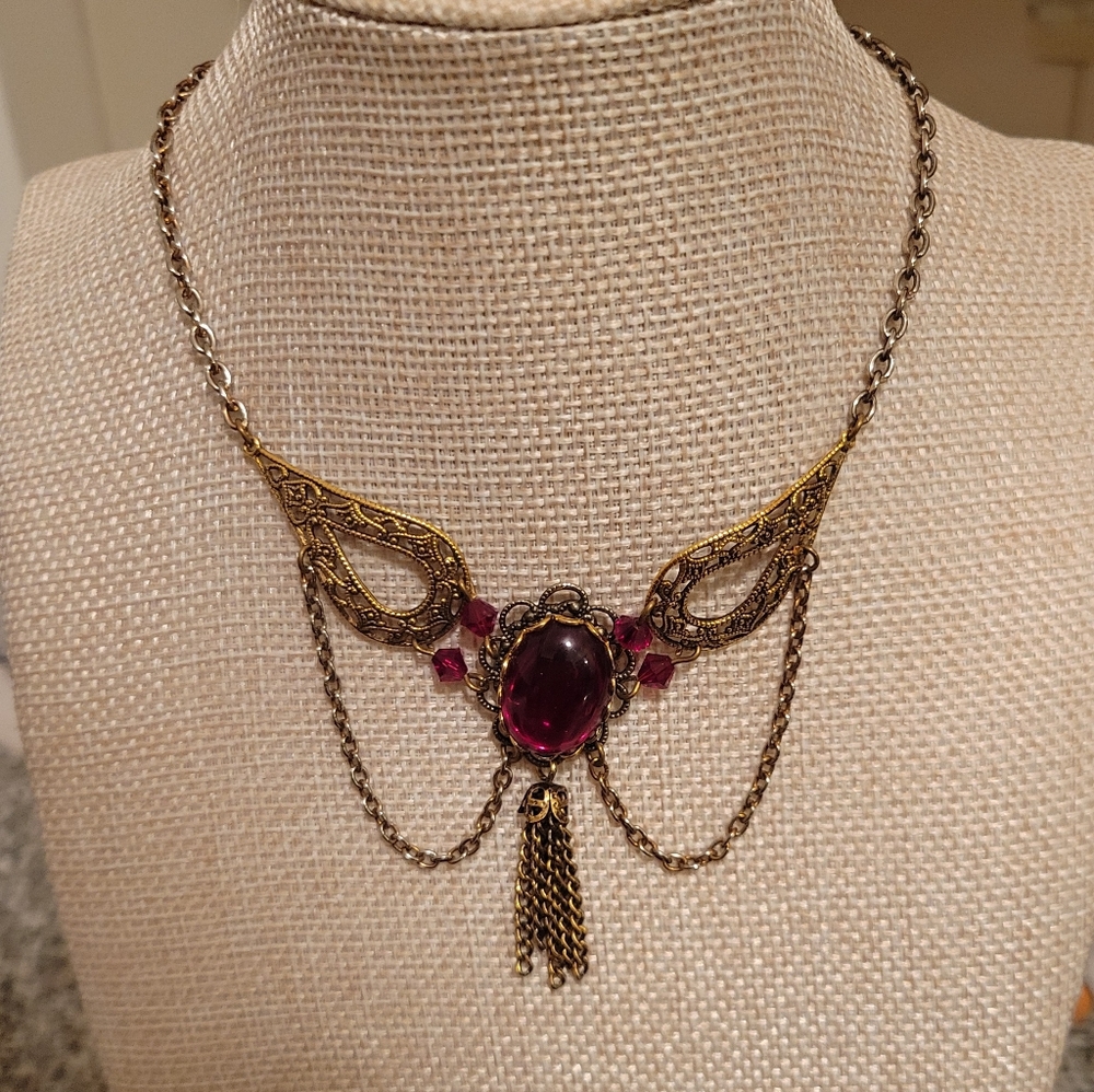 Vintage-Gold Tone and Red Czech Glass Necklace